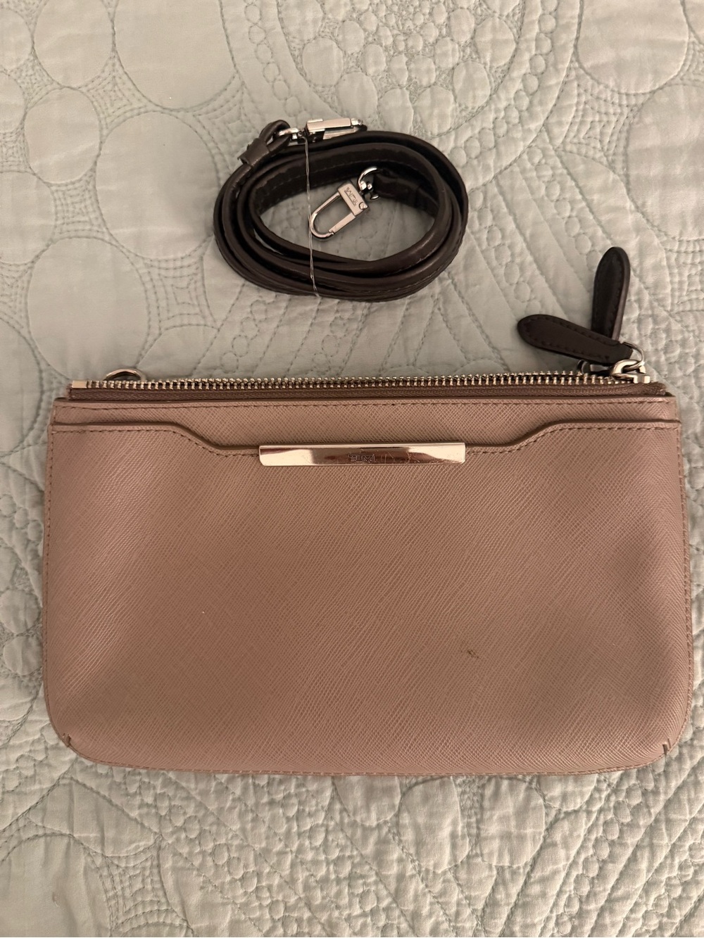 Tumi Taupe Saffiano Leather Wristlet Clutch with Removable Strap